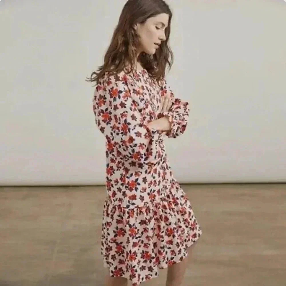 Elizabeth and James Floral Pintuck Tiered Mini Dress Cream Red Navy Cotton